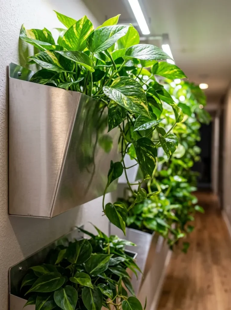 Stainless steel pocket planters hold trailing green vines on a white wall
