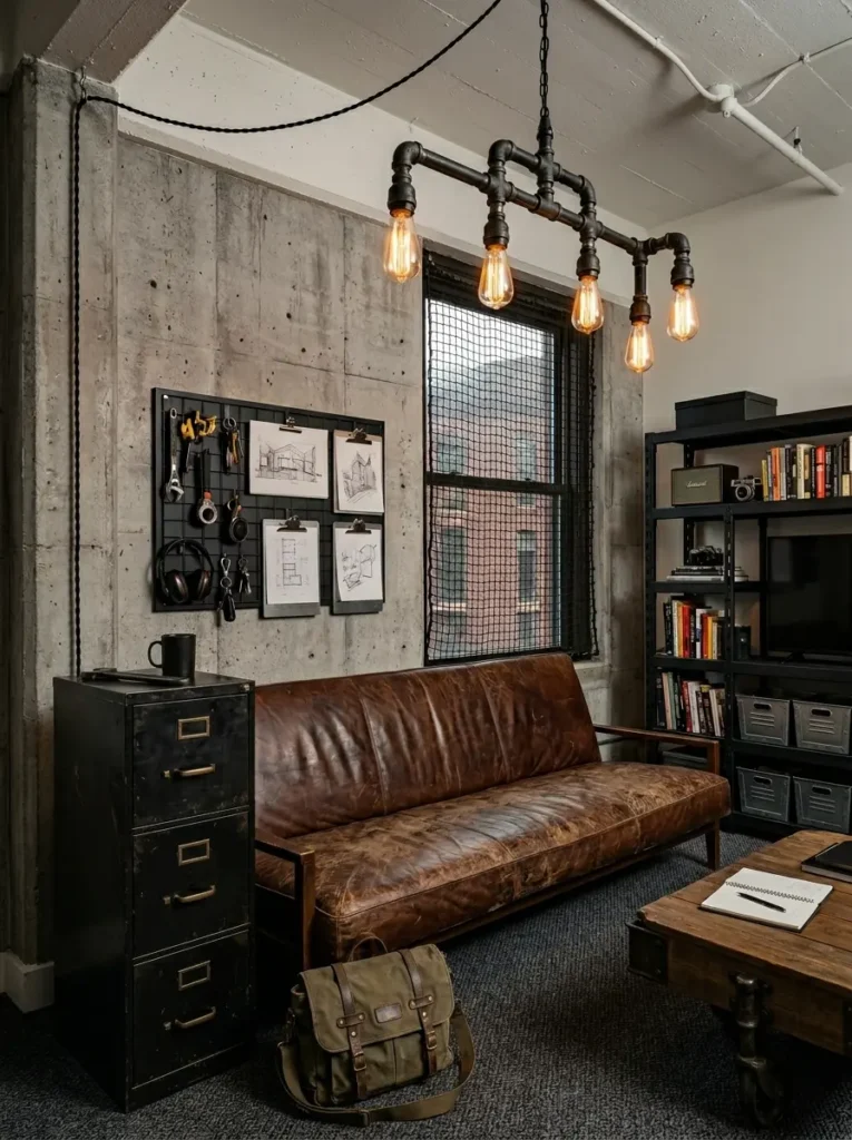 Distressed brown leather futon next to black metal filing cabinet and thick pipes suspending edison bulbs against faux concrete wall