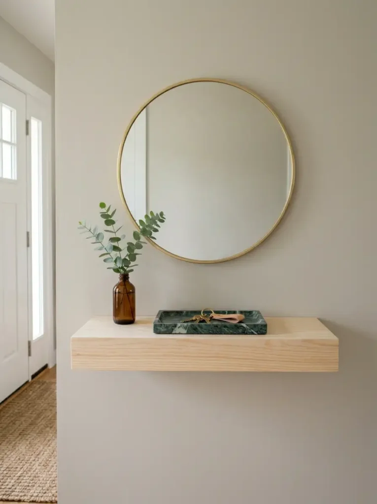 Floating Pine Entryway Shelf Minimalist floating pine wood shelf holding a green marble tray mounted below a round brass mirror.