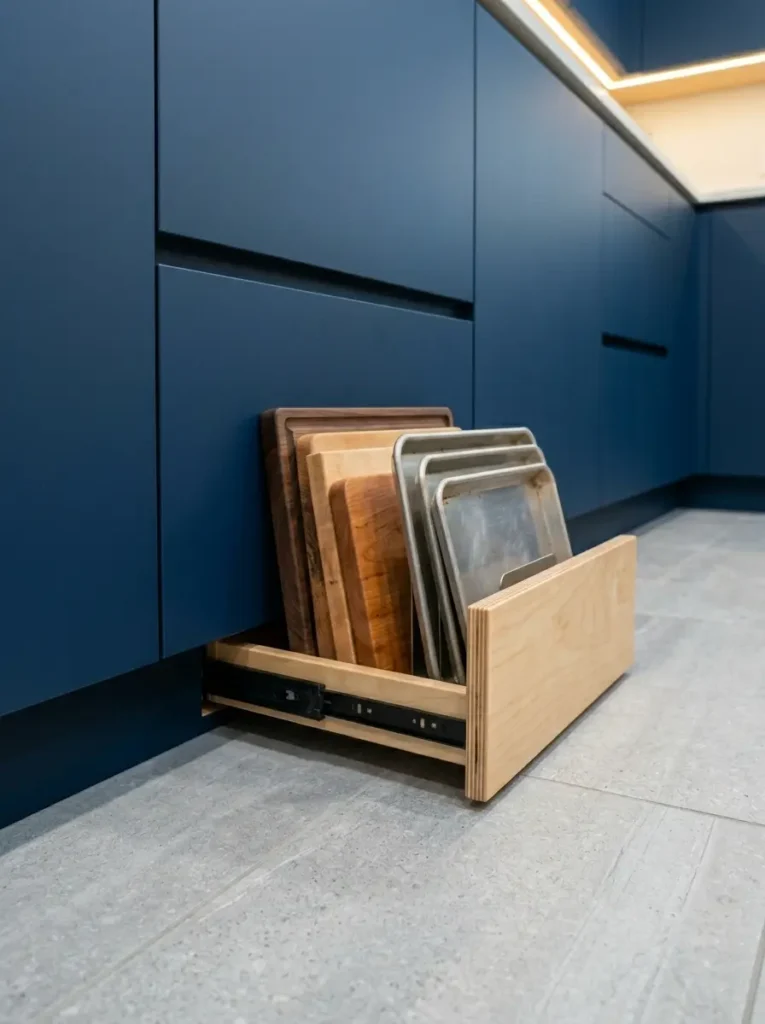 Shallow wooden drawer sliding out from the baseboard of blue kitchen cabinets holding cutting boards.