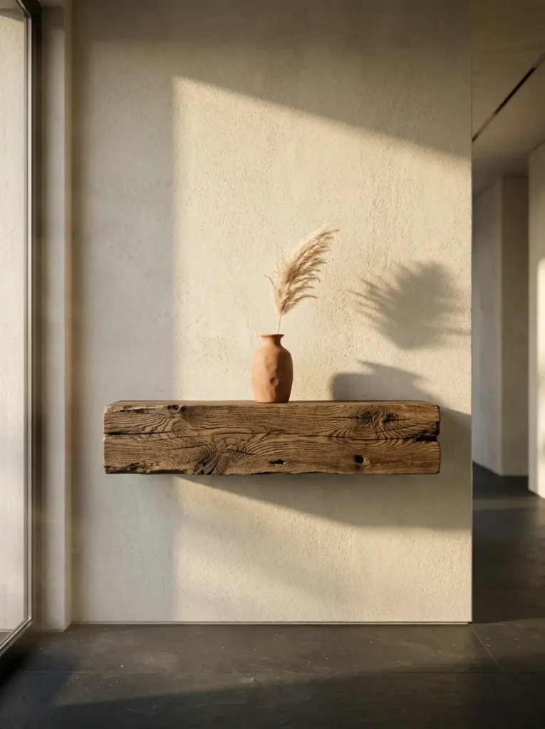 Minimalist Timber Wall Console Reclaimed wood plank floating shelf displaying a terracotta vase with dried grass against a plain wall.