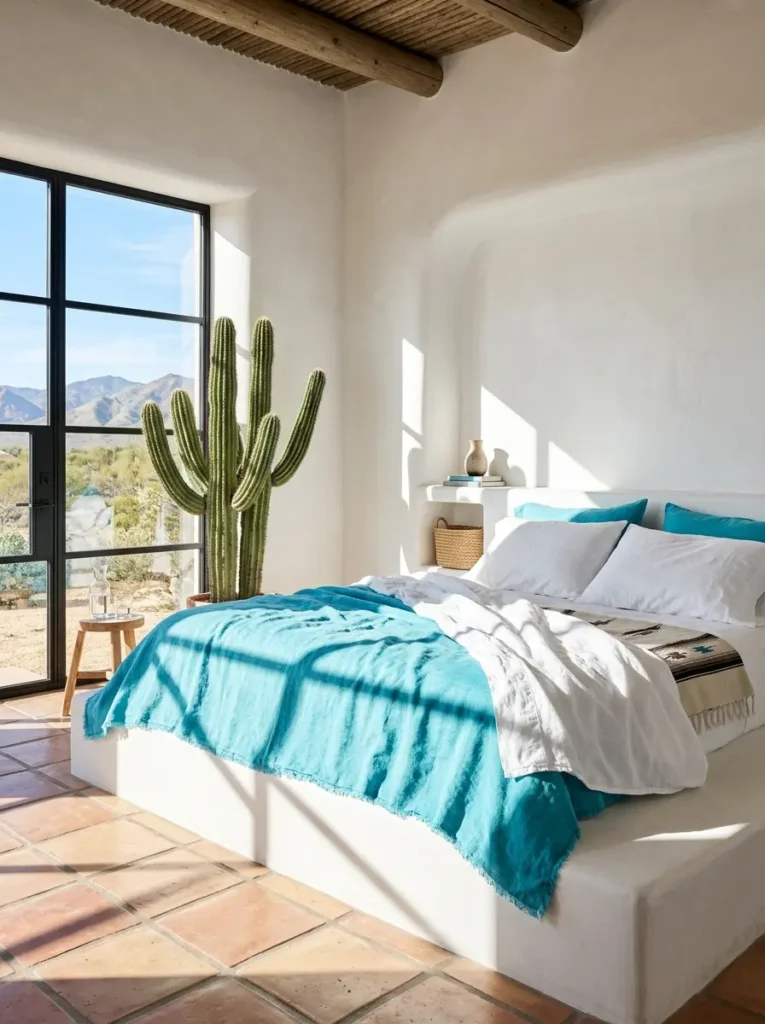 Soaring triangular wooden ceiling framing a massive glass window showing snowy mountains behind a bed with fluffy white sheets