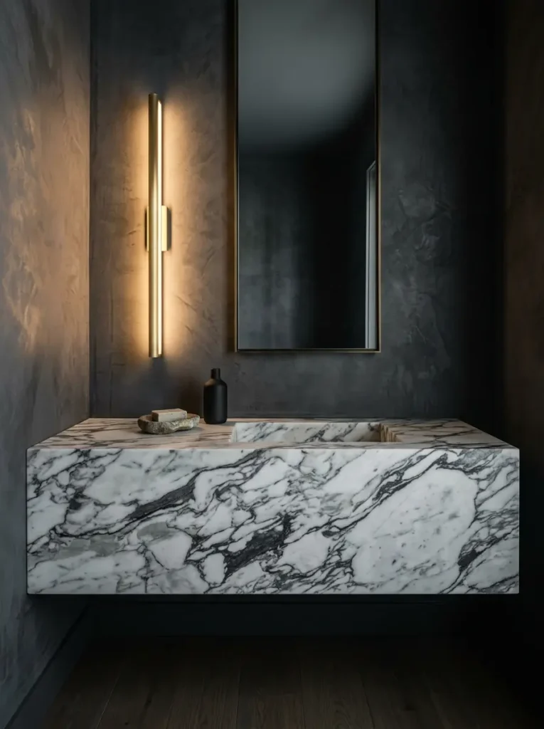 Floating white marble bathroom vanity with a long vertical brass sconce.