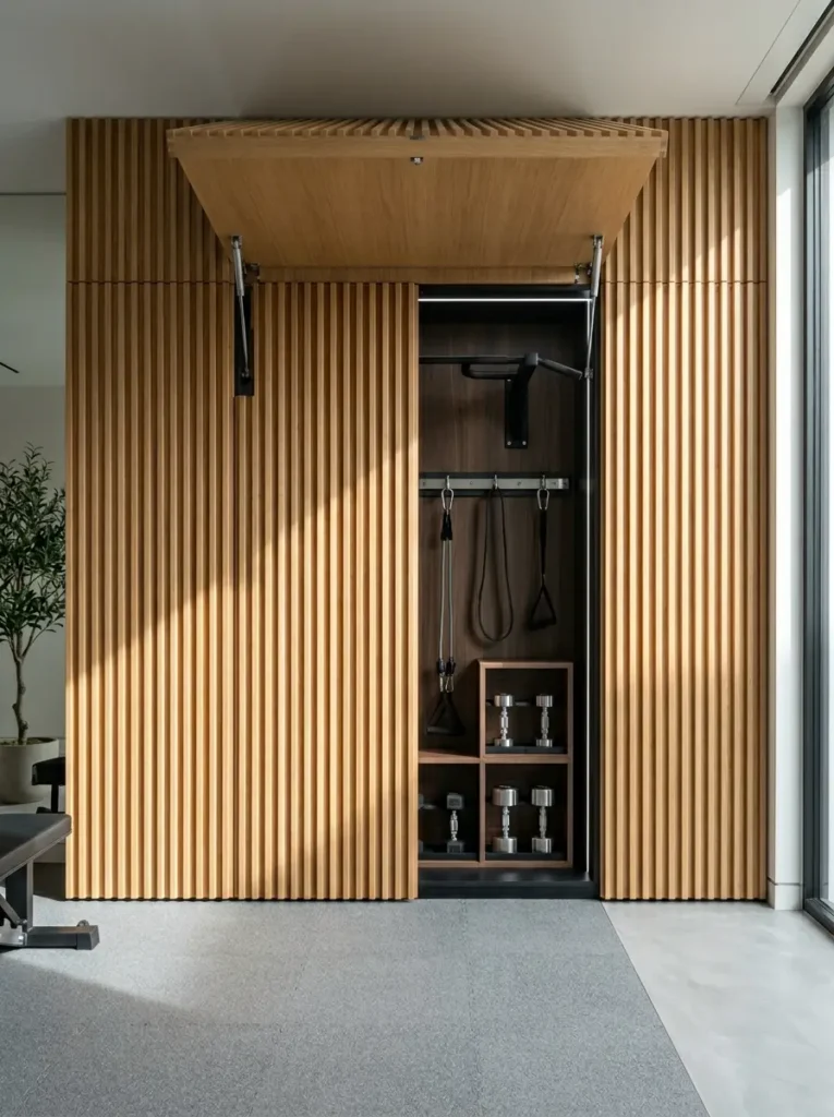 Fluted oak wall panel opens to reveal hidden home gym equipment