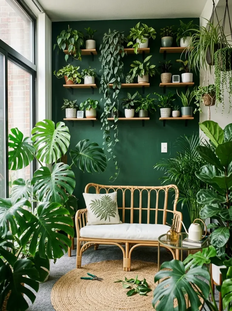 Light rattan bench surrounded by tall monstera plants and massive green wall covered in floating shelves holding potted plants
