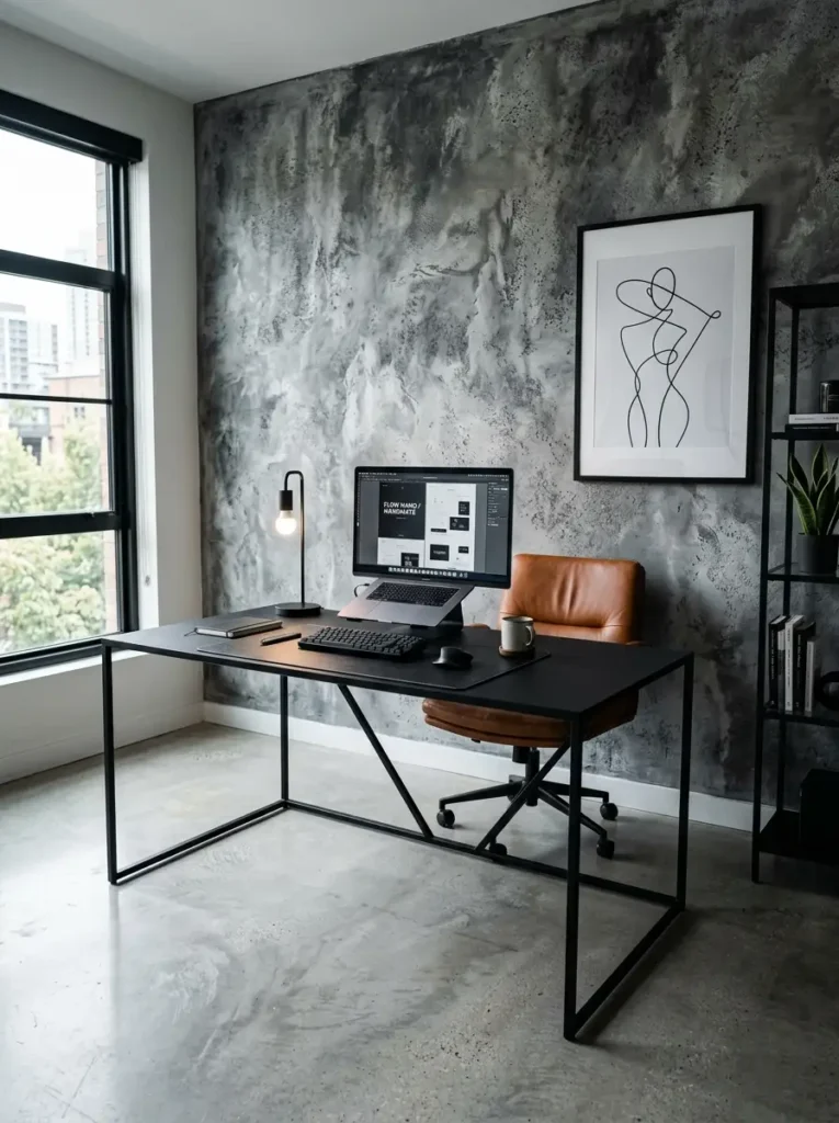 Faux Concrete Painted Accent Wall Home office wall featuring a faux concrete texture created with gray sponge painting techniques.