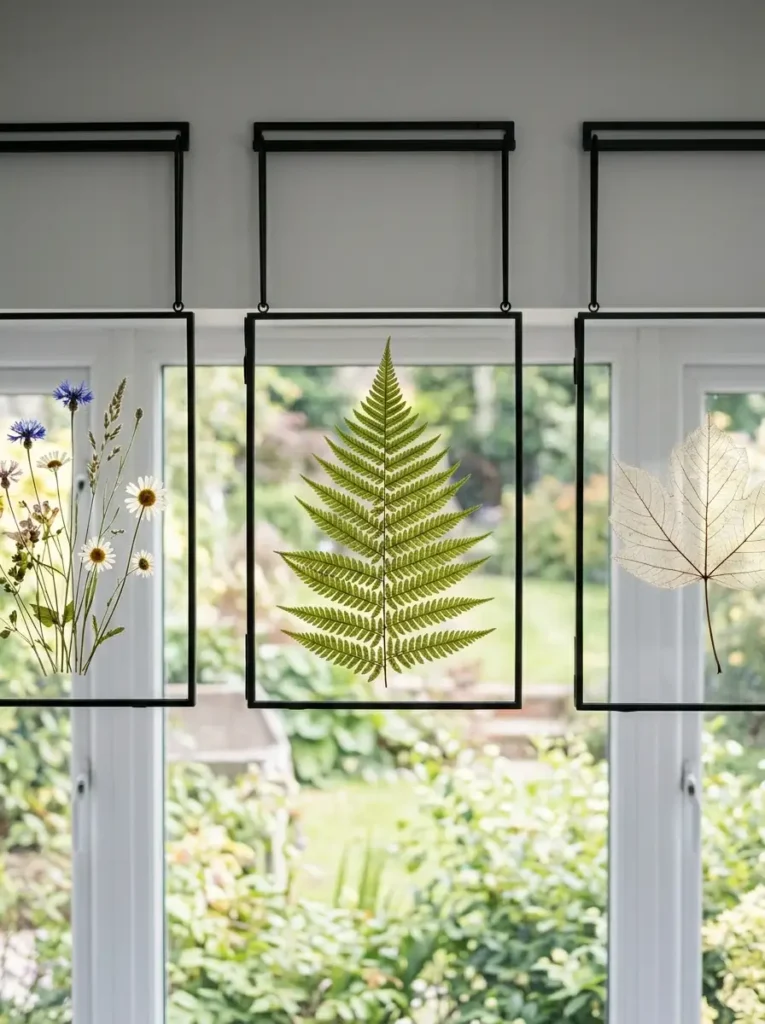 Floating Botanical Frames | StylishGalore Three clear glass frames with black metal borders holding pressed botanicals hanging in a window