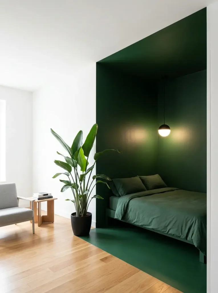 Recessed sleeping alcove painted entirely in dark green including the ceiling floor and bed linens.