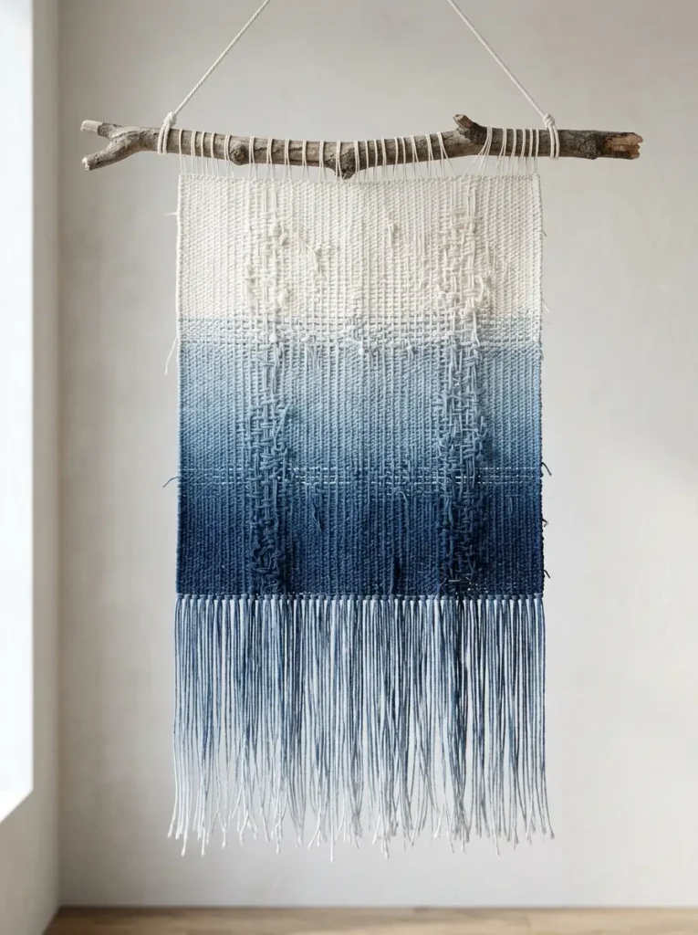 Blue Gradient Woven Tapestry Woven textile wall hanging suspended from a wooden branch featuring a white to indigo blue gradient.