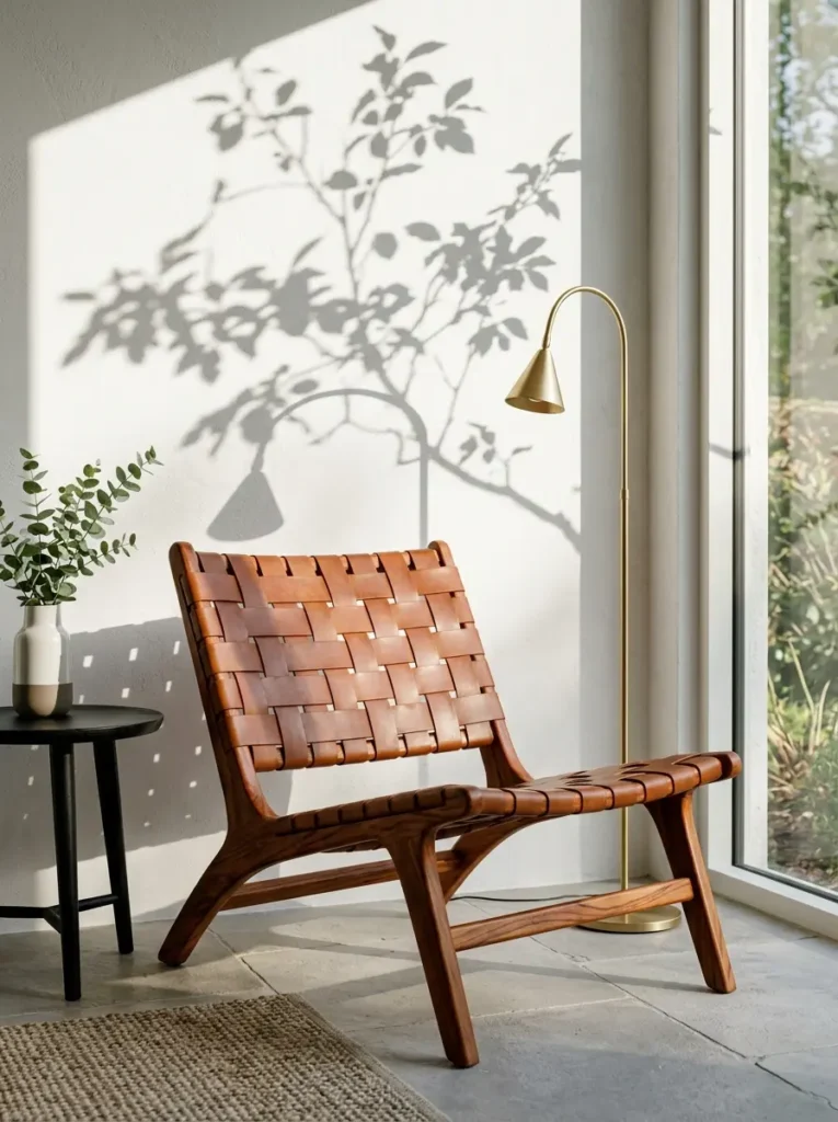 Woven leather lounge chair in a sunlit corner with a shadow of tree branches.