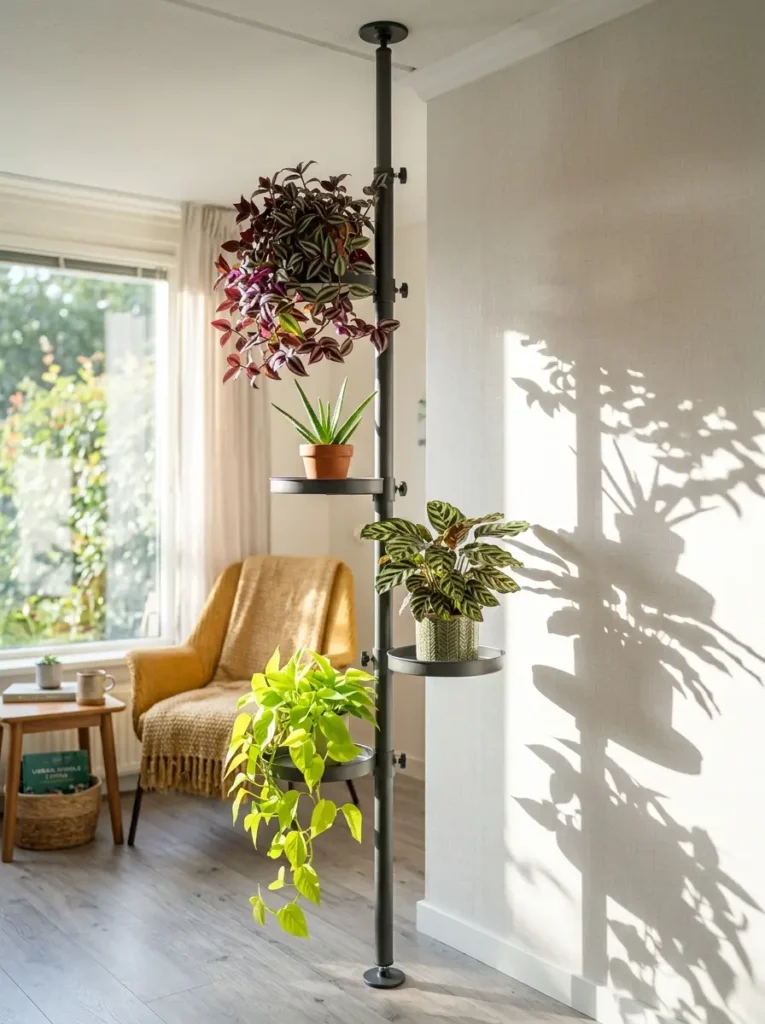 Floor to ceiling black tension pole holding multiple potted plants on adjustable trays