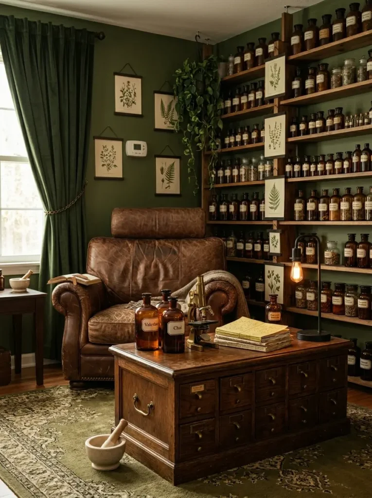 Distressed brown leather armchair next to floor to ceiling wooden shelves filled with amber glass apothecary bottles
