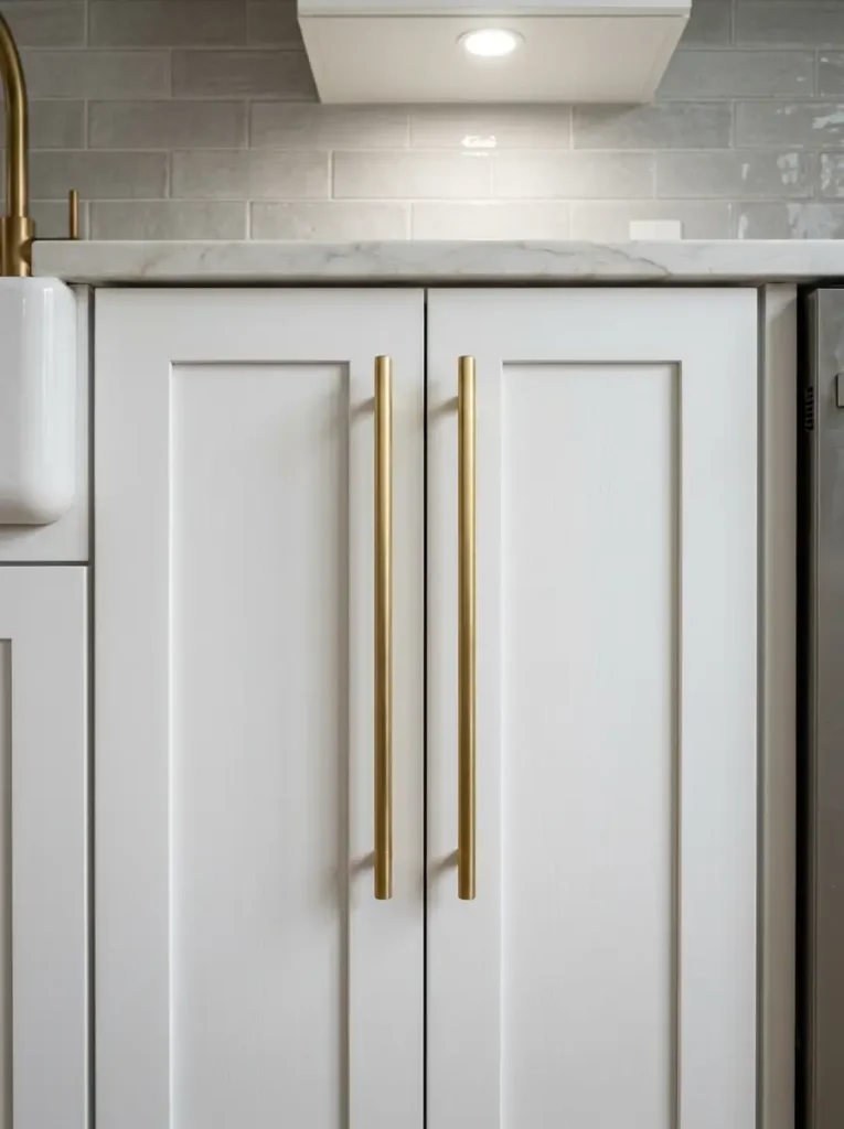 Oversized Gold Cabinet Hardware Close up of white shaker kitchen cabinets featuring oversized long brushed gold drawer pulls.