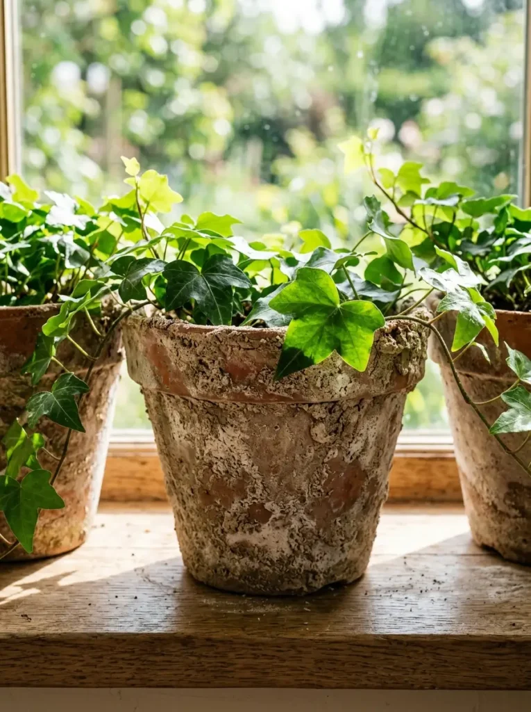 Crusty Faux Stone Pots | StylishGalore Three terracotta pots treated with a crusty faux limestone finish holding green trailing ivy