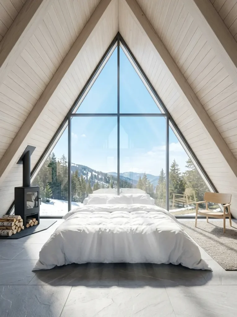 Smooth white adobe walls earthy clay floor tiles a tall green saguaro cactus and a bed covered with a bright turquoise blanket