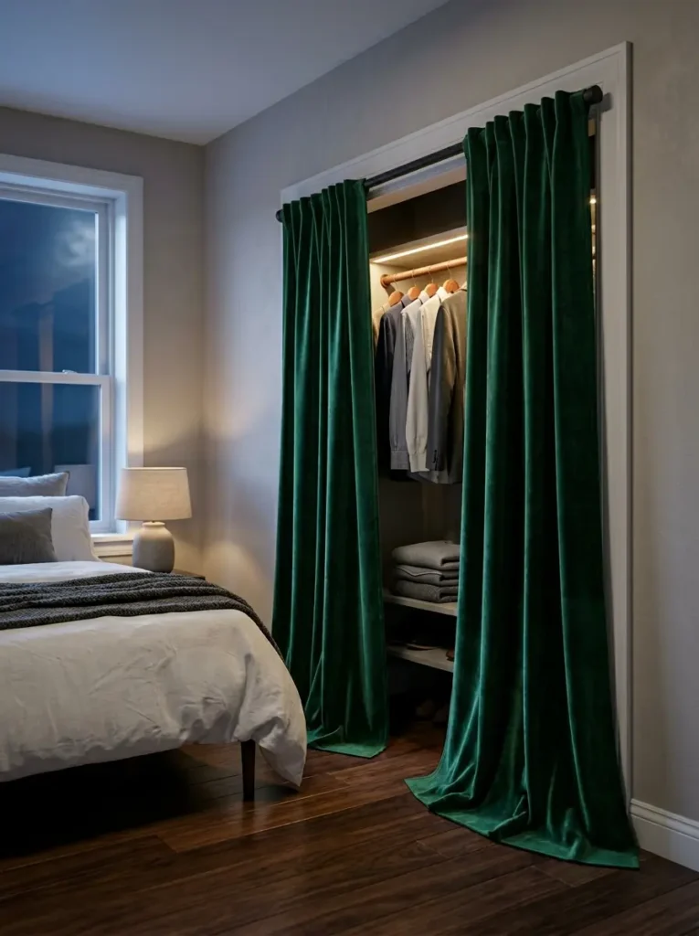 Heavy green velvet curtains hanging on a tension rod replacing standard closet doors