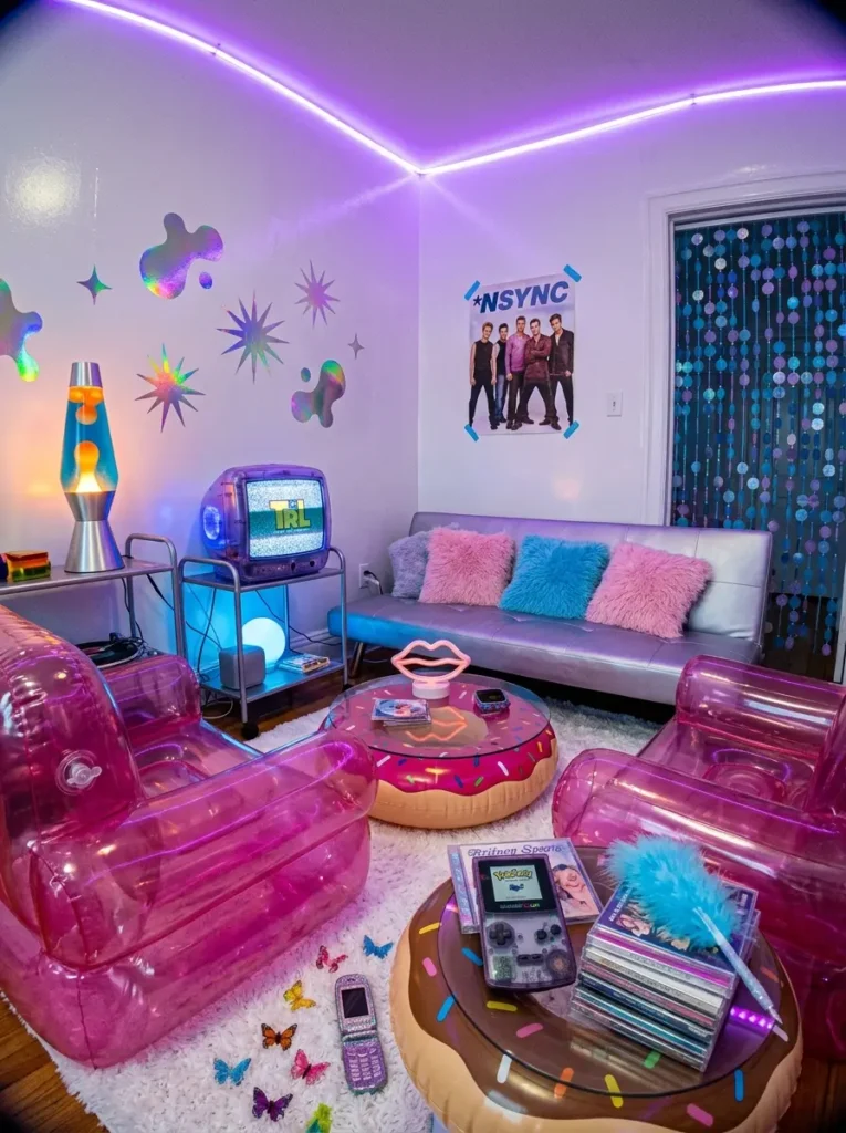 Pink translucent inflatable chairs around inflatable donut coffee table near silver futon and glowing neon room lights