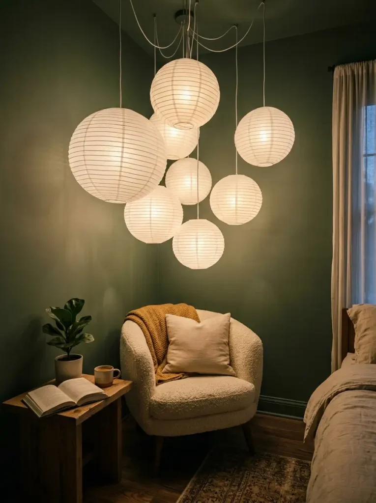 Hanging Paper Lantern Lighting Cluster Cluster of glowing white paper lanterns hanging from the ceiling above a cozy corner chair.