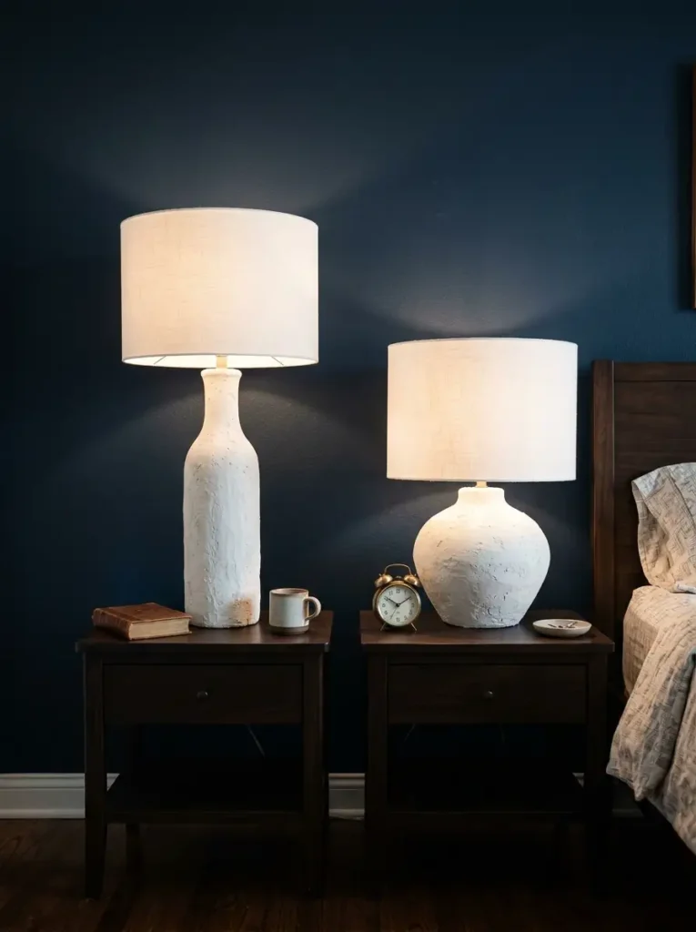 Plaster Coated Table Lamps | StylishGalore Two table lamps coated in white DIY plaster with linen shades on dark wooden nightstands