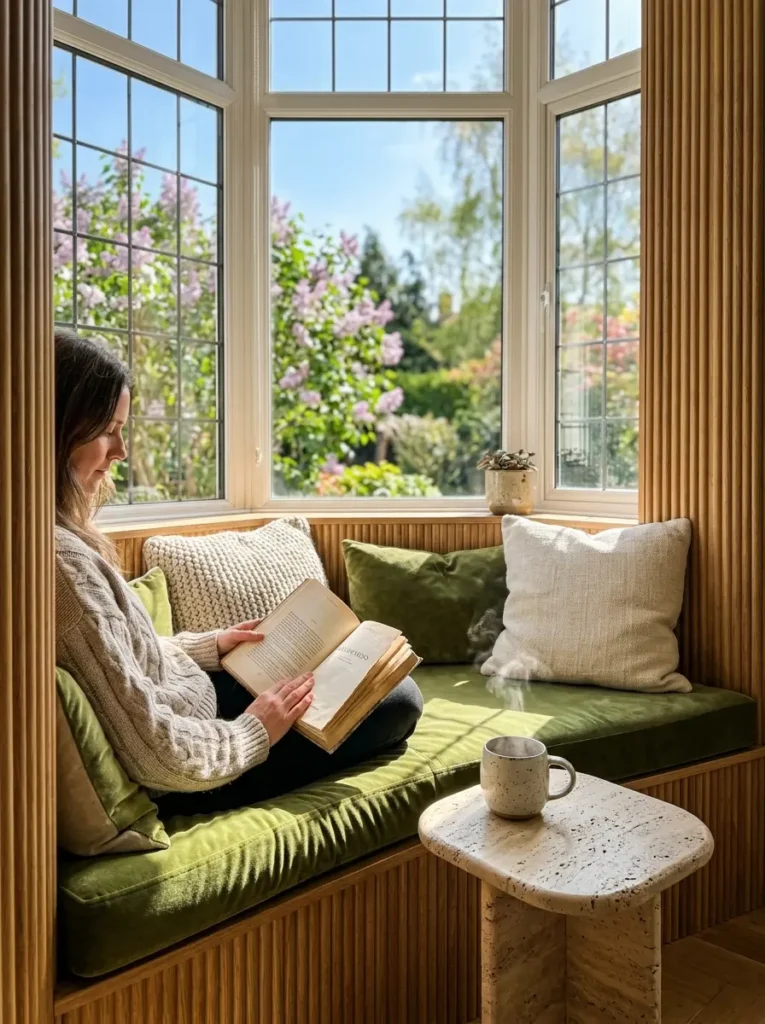 Built in oak window seat with a green velvet cushion and a tray of tea.