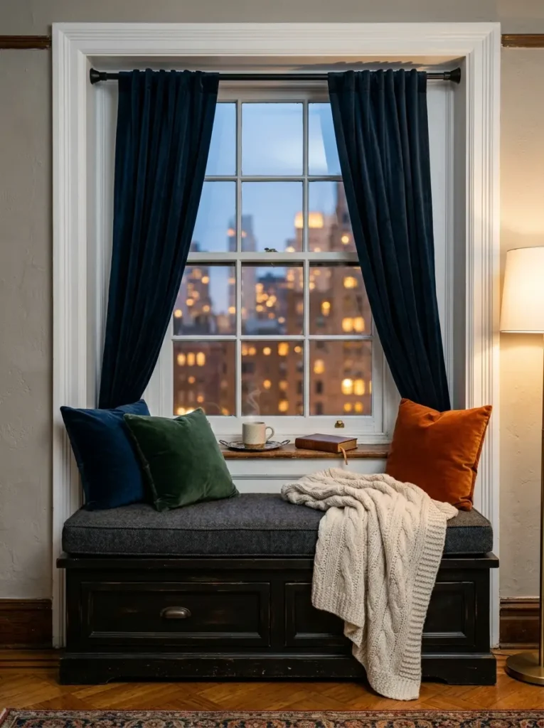 Window seat with a grey cushion and dark velvet curtains framing the alcove