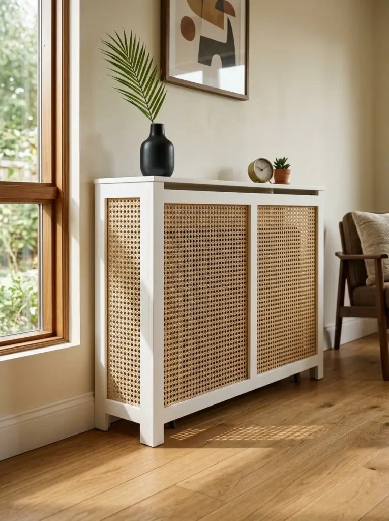 Cane Webbing Radiator Cover Cabinet Custom white wooden radiator cover cabinet featuring natural woven cane webbing front panels.