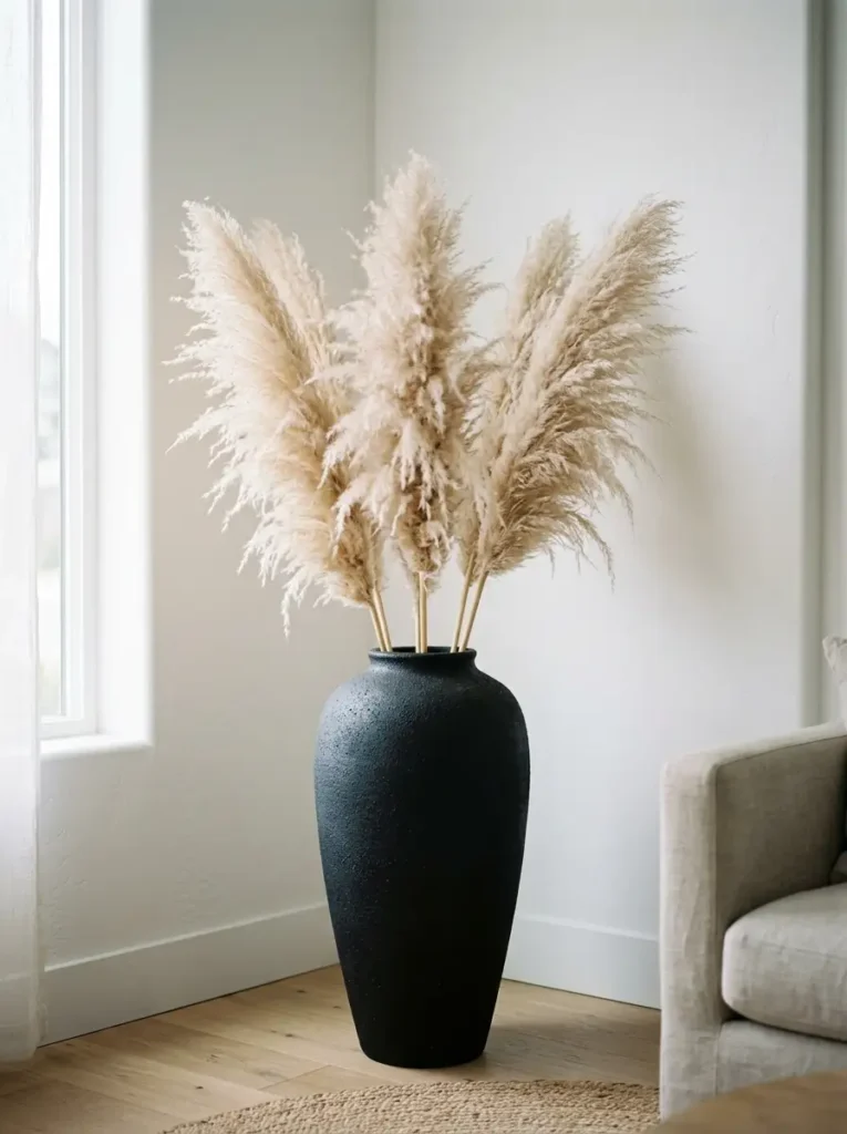 Floor Vase with Pampas Grass | StylishGalore Large matte black floor vase filled with tall feathery beige pampas grass in a bright corner