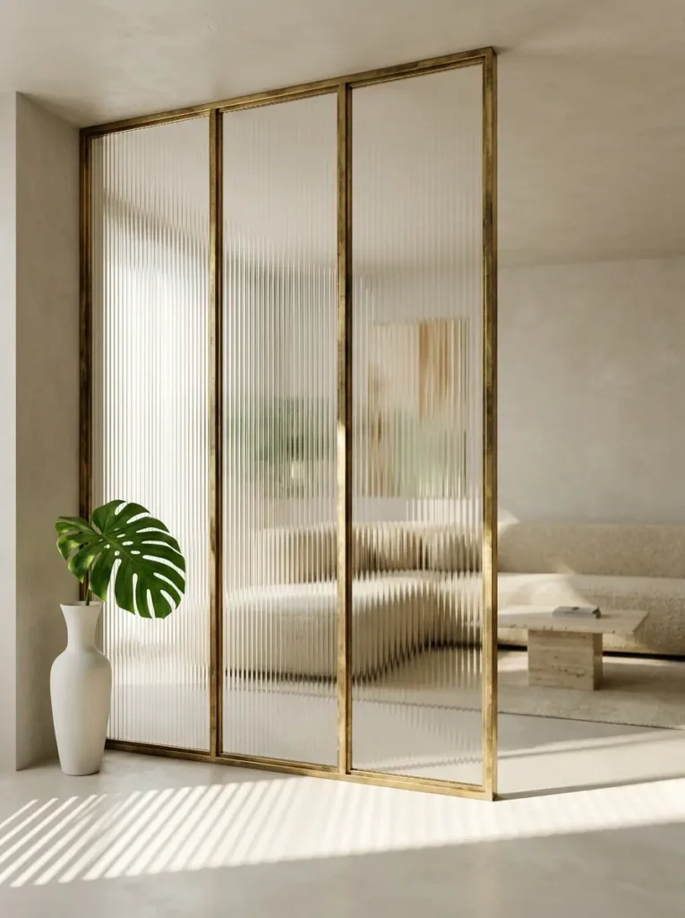 Three panel ribbed glass room divider with a brass frame next to a white vase.