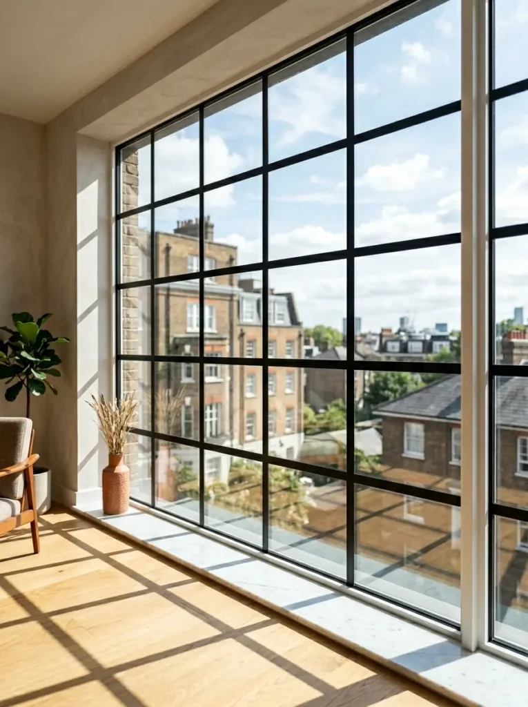 Large window pane divided into squares using thin black vinyl tape