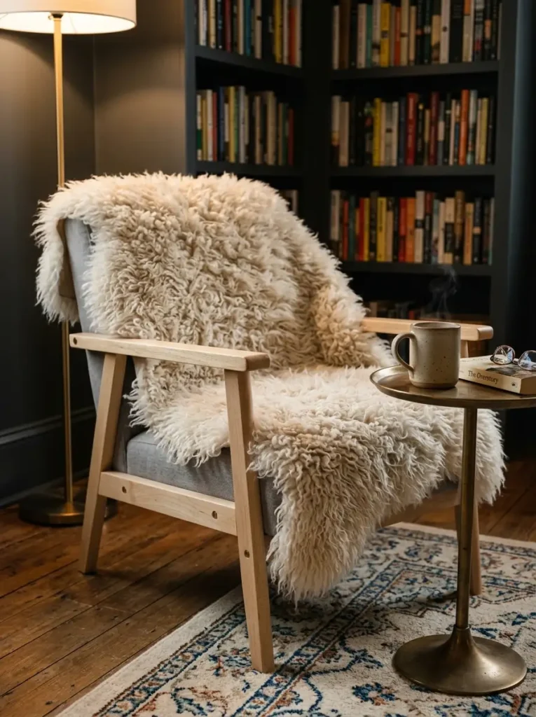 Faux Sheepskin Chair Throw Blanket Mid century modern wooden chair draped with a fluffy ivory faux sheepskin throw blanket.