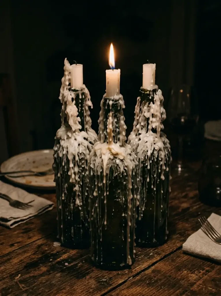 Melted Wax Bottle Candlesticks | StylishGalore Three dark green wine bottles heavily coated in dripping white wax holding lit taper candles