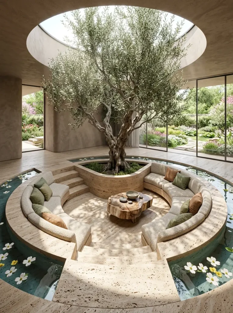 Sunken circular conversation pit with a central olive tree and a shallow moat.
