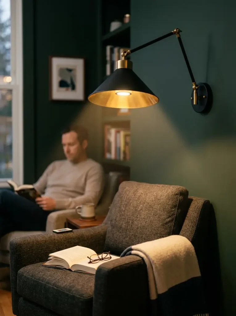 Wireless Battery Powered Wall Sconce Black and brass wall sconce powered by a hidden battery puck light illuminating a reading chair.