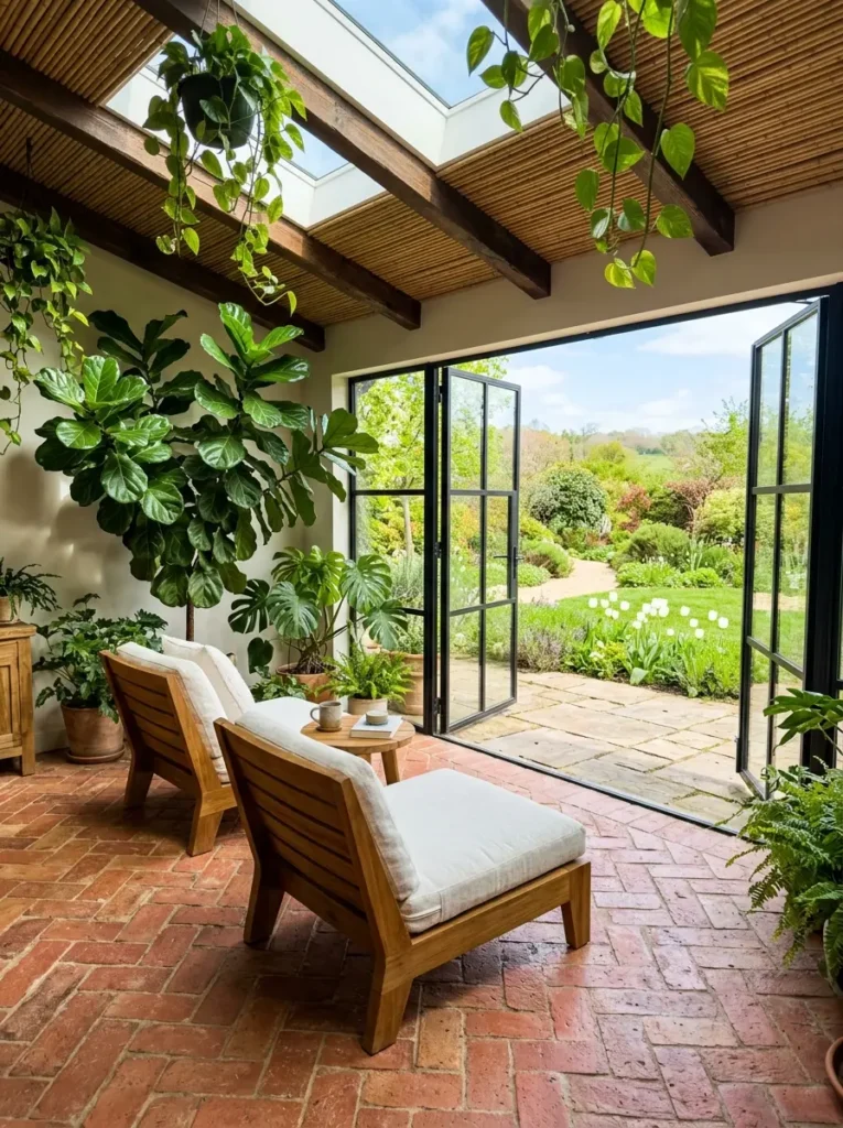 Bright sunroom with herringbone brick floors and wood chairs facing a garden.