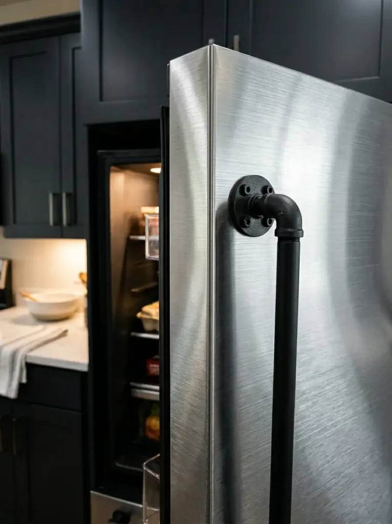 Industrial Iron Pipe Refrigerator Handle Stainless steel refrigerator door featuring a custom handle made from black industrial iron piping.