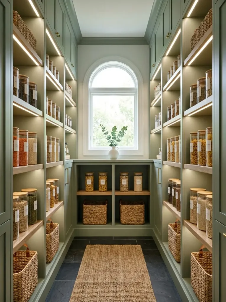 Walk in pantry with sage green cabinets and rows of glass jars with wood lids.