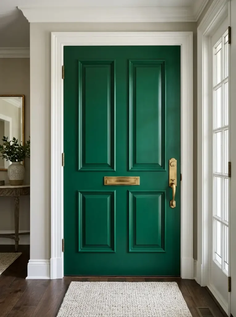 Emerald Green Painted Front Door Interior side of a residential front door painted in a rich dark emerald green with brass hardware.