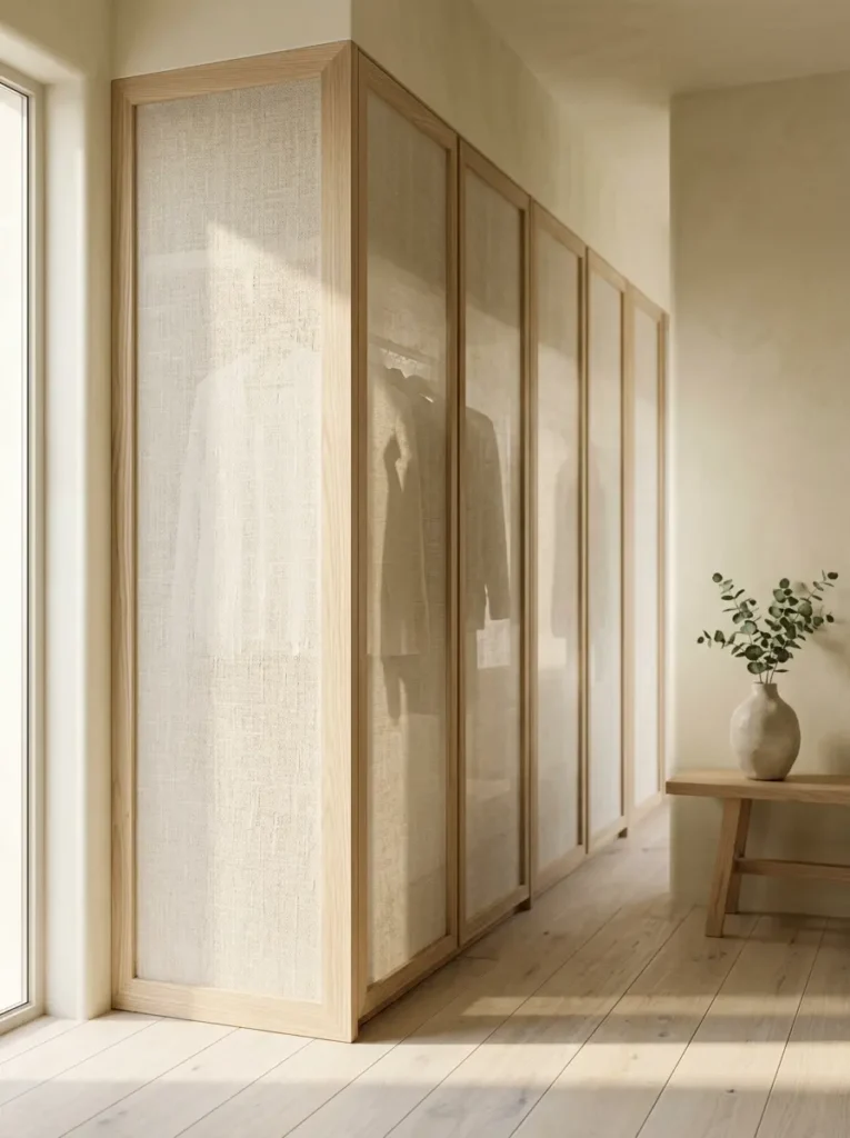 Bedroom wardrobes with light wood frames and translucent linen fabric panels.