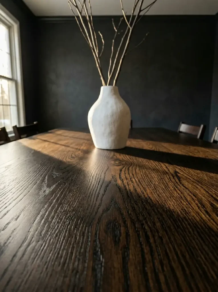 Dark Espresso Gel Stained Table Dining table restored with dark espresso gel stain showing rich wood grain under natural sunlight.