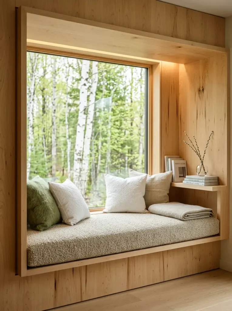 Deep wooden window seat looking out at birch trees with white pillows.