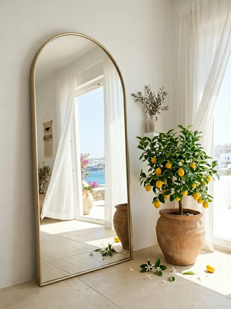Tall arched floor mirror leaning against a white wall next to a lemon tree.