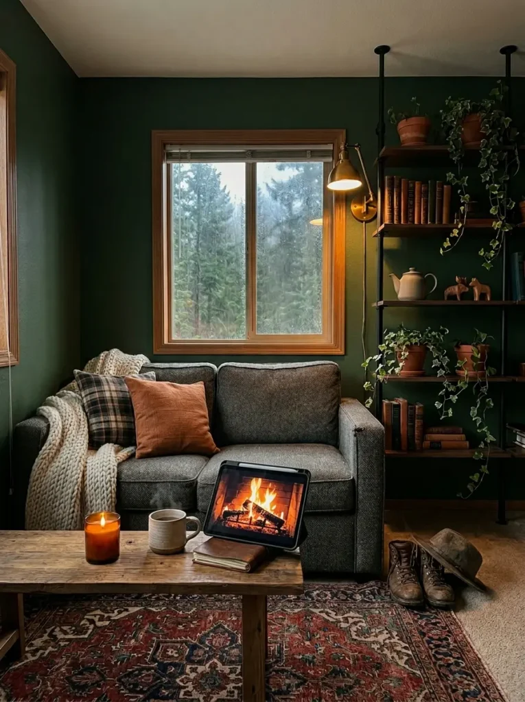 Dark forest green walls with textured gray sofa and tall metal bookshelf in moody rental apartment living room