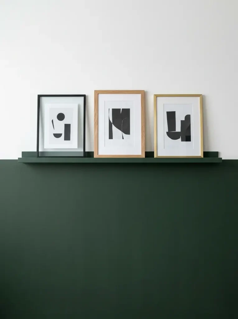 Deep green painted lower wall with a floating shelf holding abstract art frames