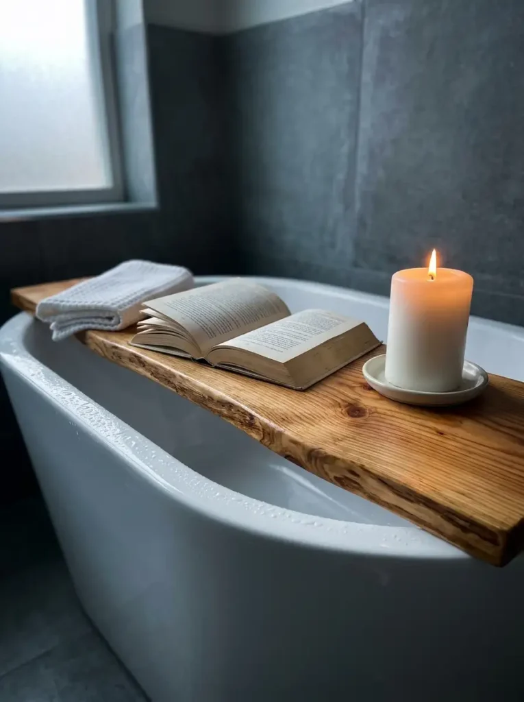 Rustic Wooden Bathtub Tray Solid wood bath tray resting on a white bathtub holding an open book and glowing candle.