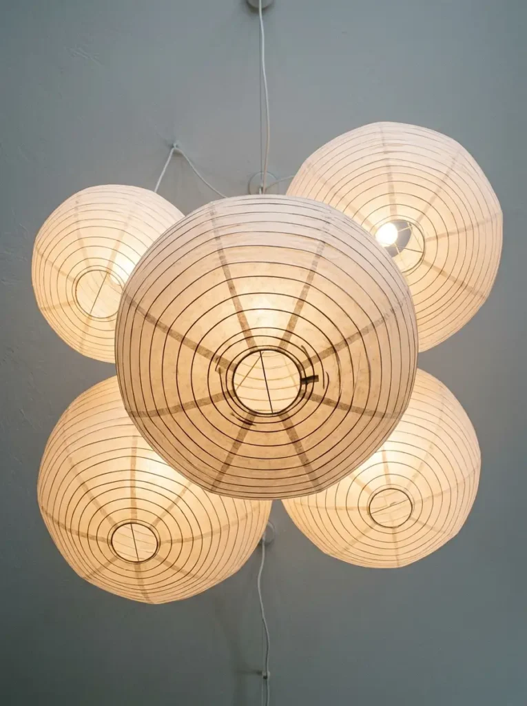 Clustered Paper Globe Lanterns | StylishGalore Five illuminated white paper globe lanterns clustered together overhead