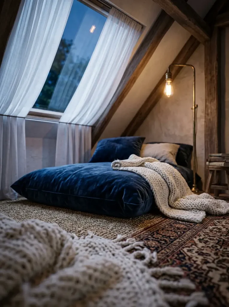 Velvet Floor Seating Area Plush blue velvet floor pillow sitting on a jute rug topped with a thick knit blanket.