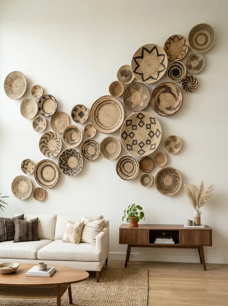 Woven Seagrass Basket Wall Gallery Large collection of natural woven seagrass baskets arranged in an organic wave shape on a living room wall