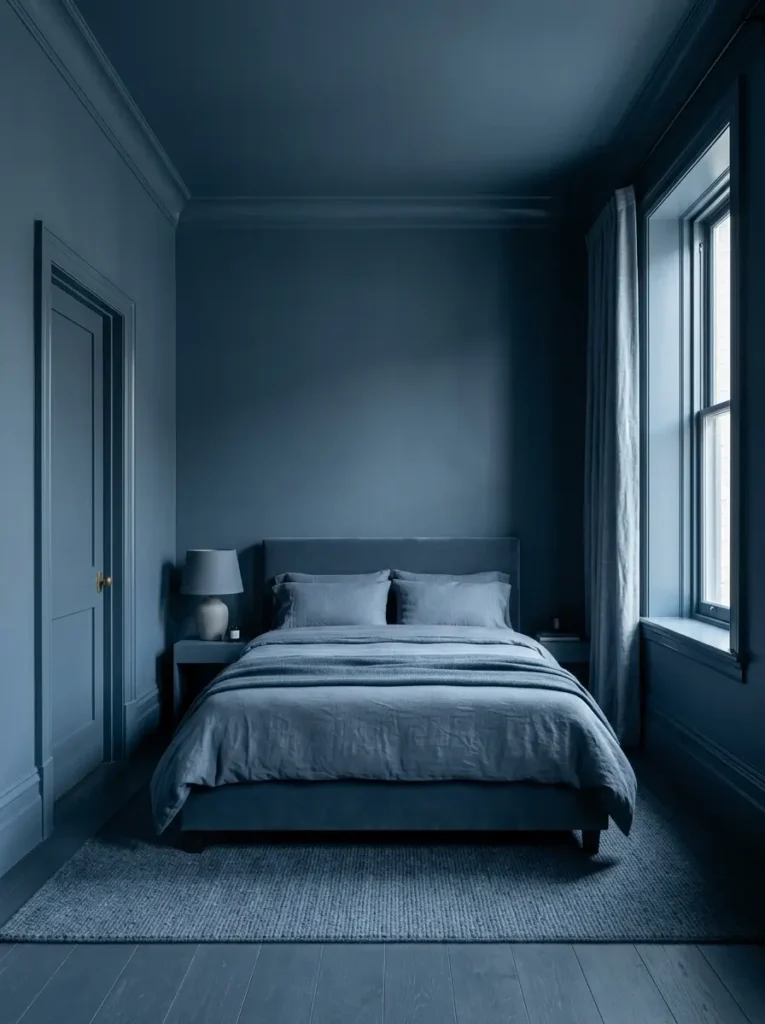 Small bedroom painted entirely in moody slate blue including walls doors and baseboards.
