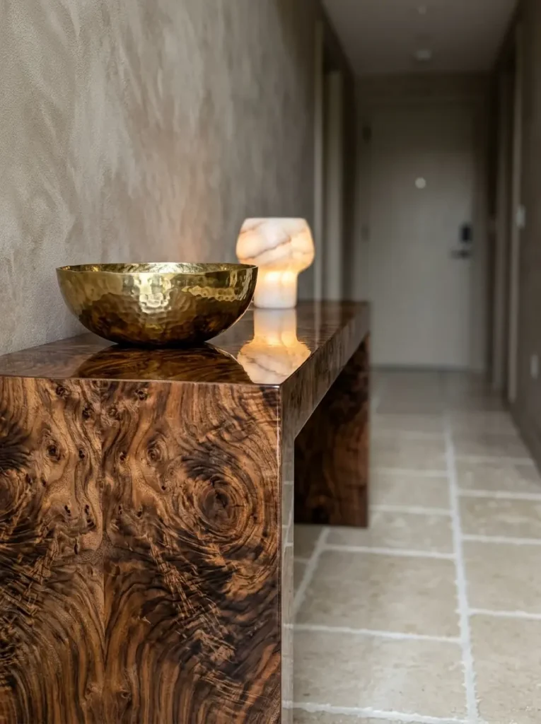 High gloss burl wood narrow console table in a tight hallway