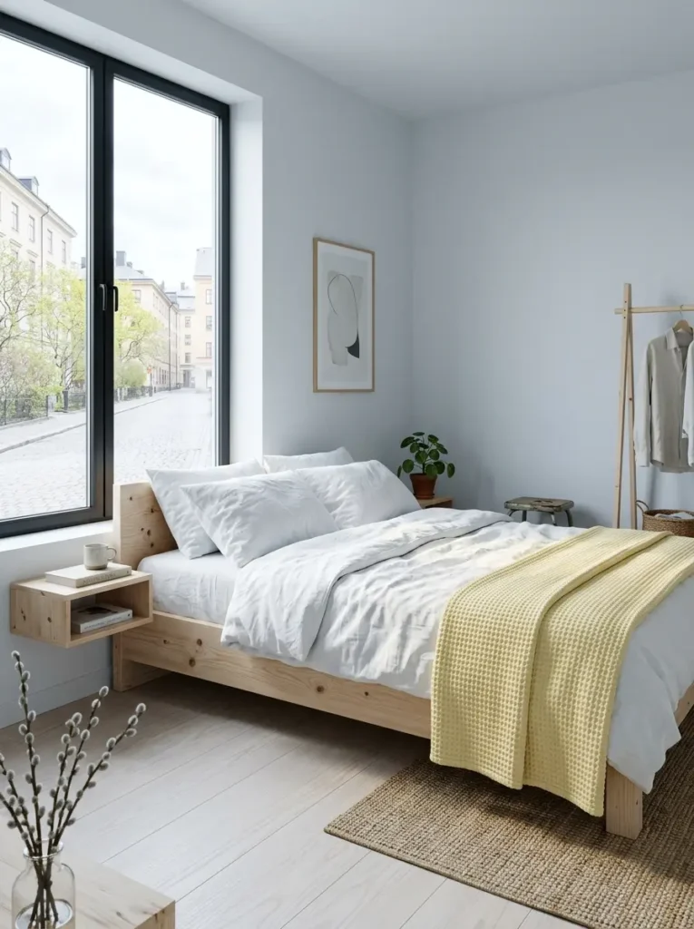 Simple light pine wood bed frame floating nightstands and a yellow textured blanket in a bright room with blue walls